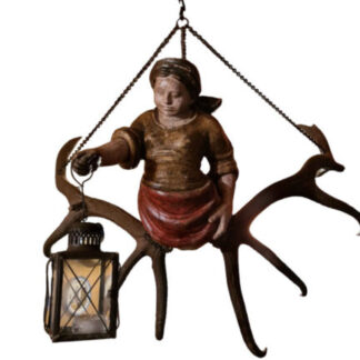 Antique Hand Carved Wooden Lustermanchen Sculpture Chandelier W. Lantern Light