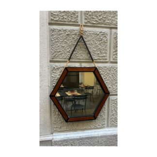 Italian mid-century modern hexagonal wooden wall mirror with rope, 1960s
